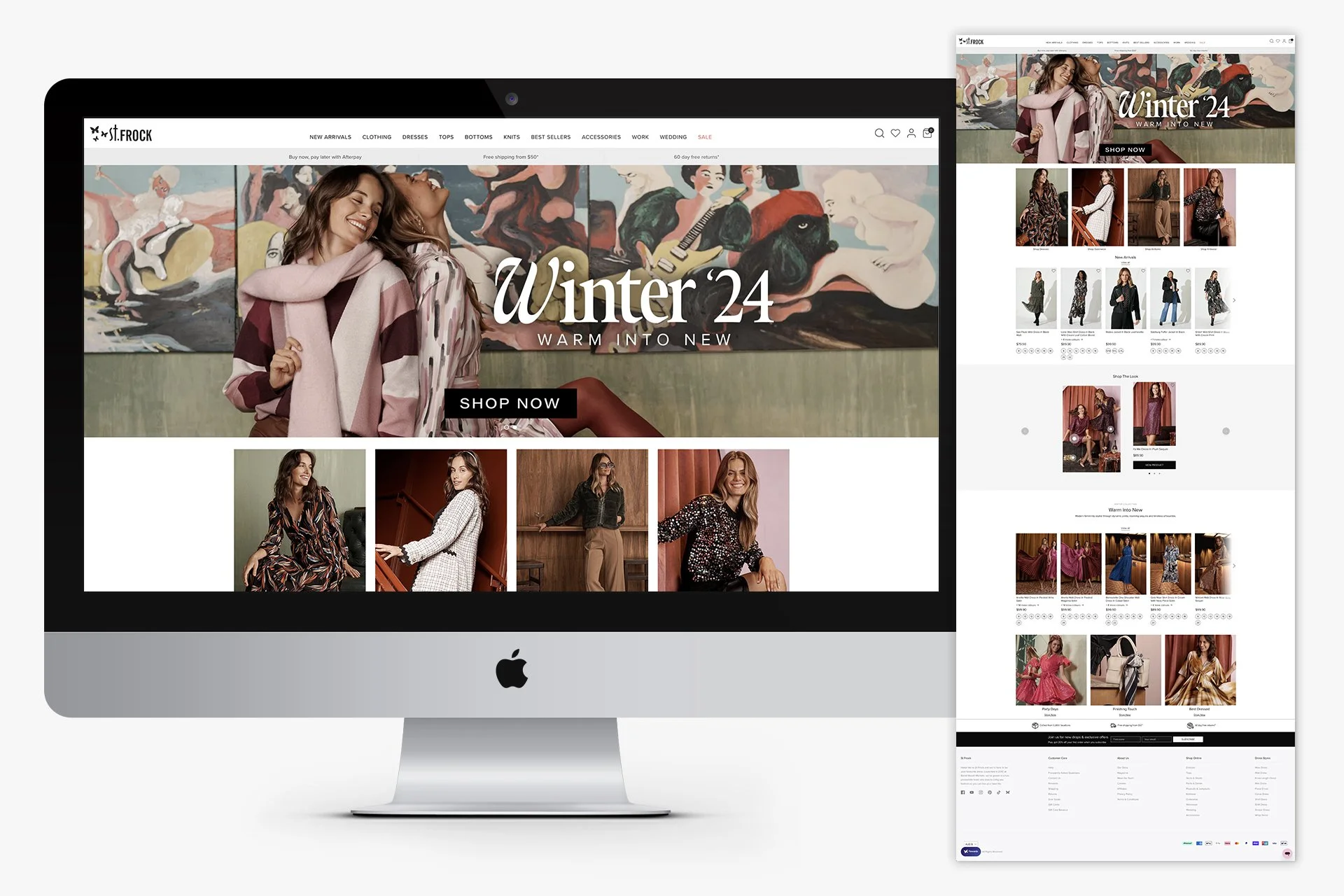 Screenshot of a fashion e-commerce website displayed on an iMac computer, showcasing the Winter 24 collection with various clothing items and models.