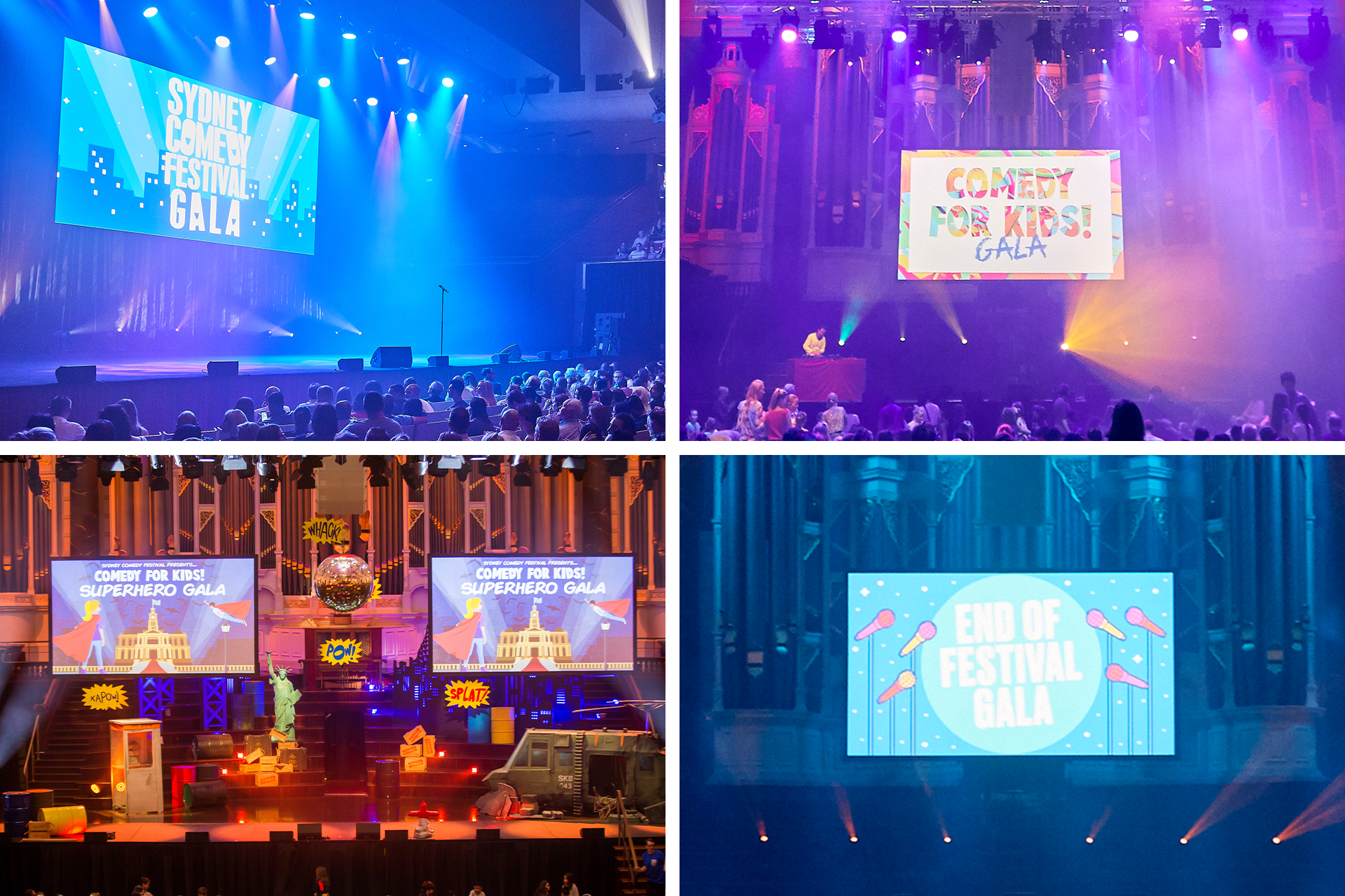 Collage of four photos from a comedy festival gala. Top left: empty stage with a large screen displaying "Sydney Comedy Festival Gala" and an audience seated in front. Top right: stage with a DJ or performer at a table, with a colorful sign saying "C