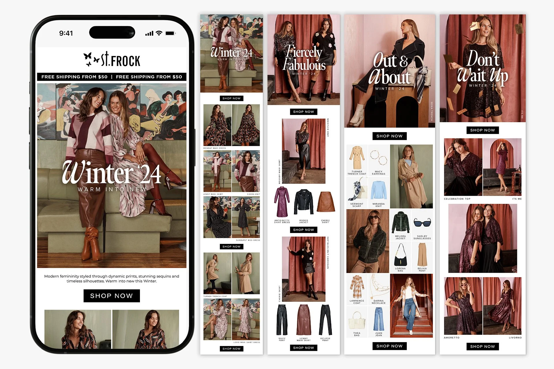A digital collage of a mobile phone screen and five fashion promotional posters for winter clothing and accessories with models in various outfits.