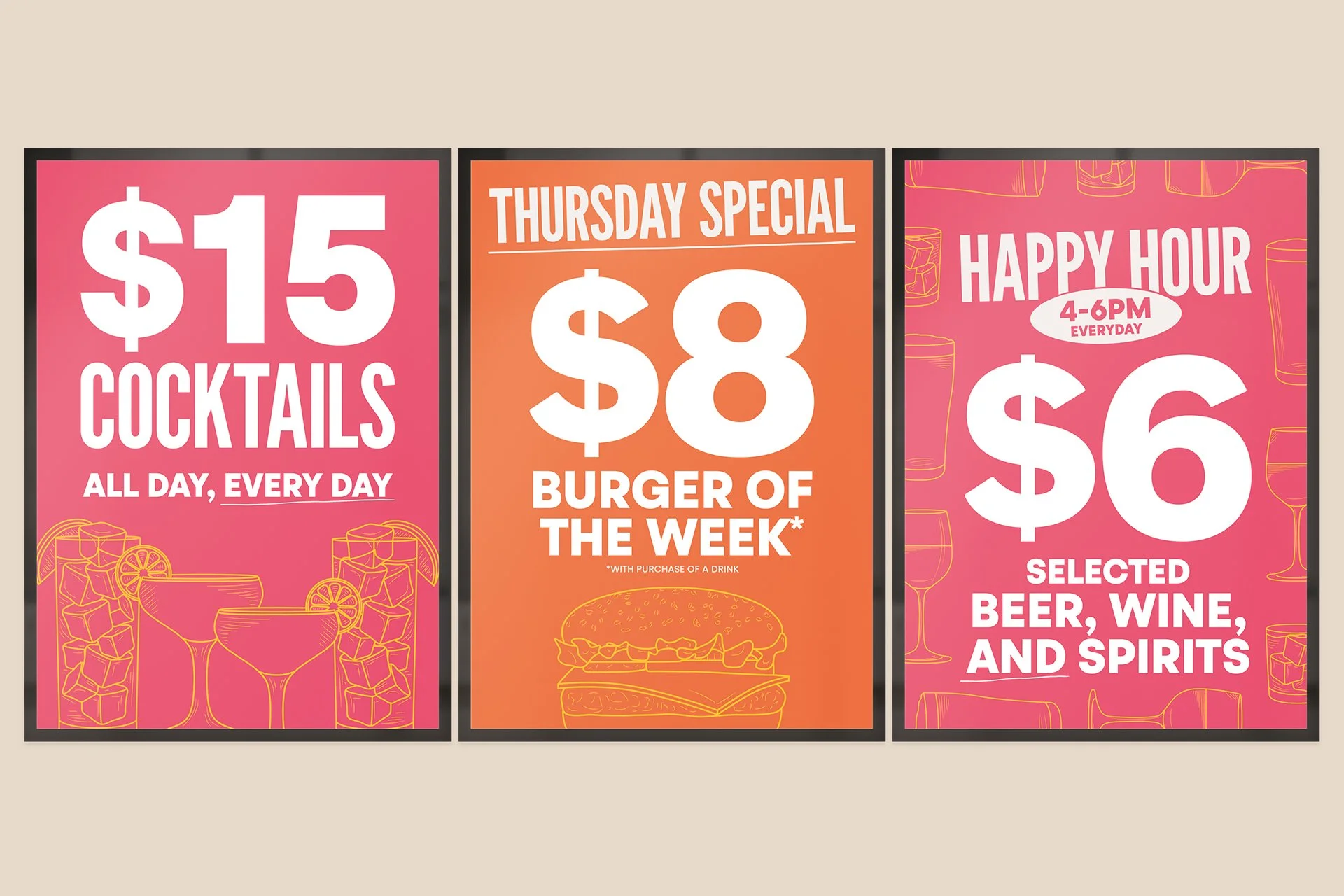 Three colorful promotional posters with special offers at a bar or restaurant. The first poster offers $15 cocktails all day, every day. The second promotes a Thursday special: $8 burger of the week with a drink purchase. The third advertises happy h