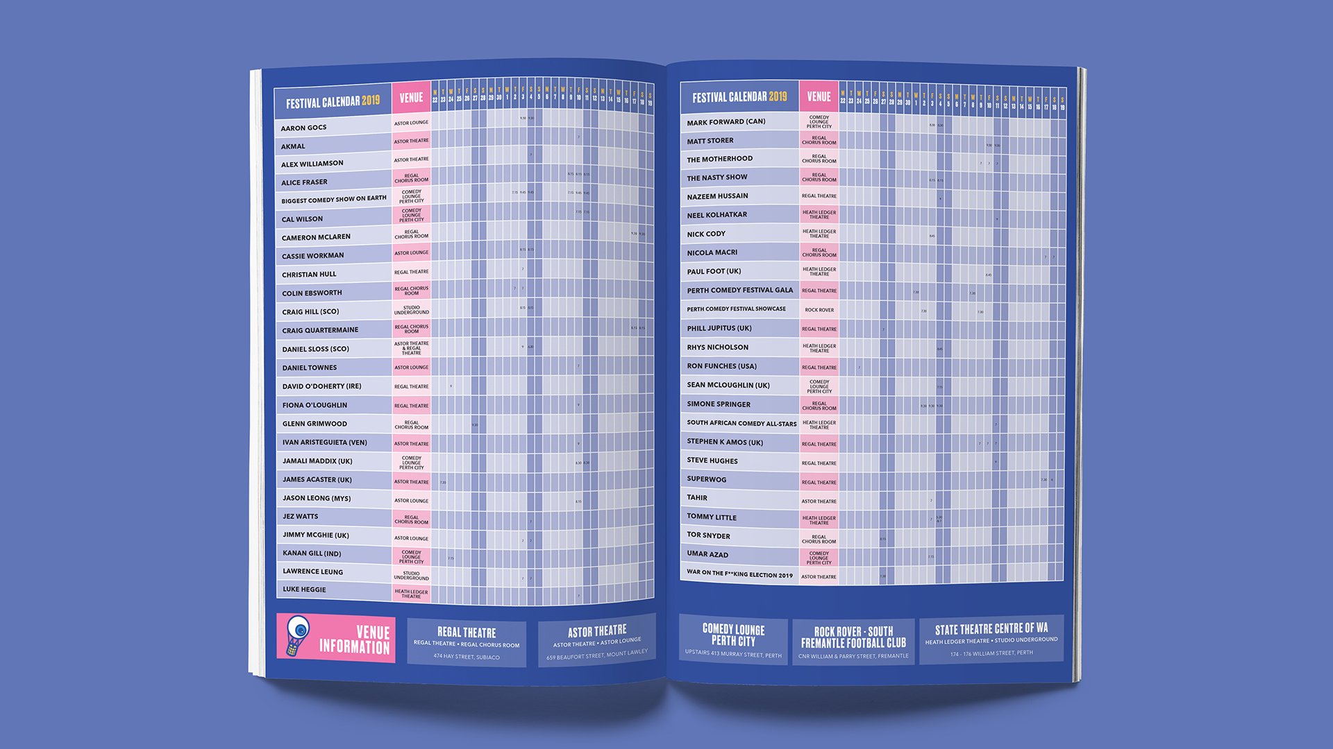 Open festival calendar booklet with schedule of performances and venues for 2019. Contains performer names, locations, and dates, with venue information at the bottom.