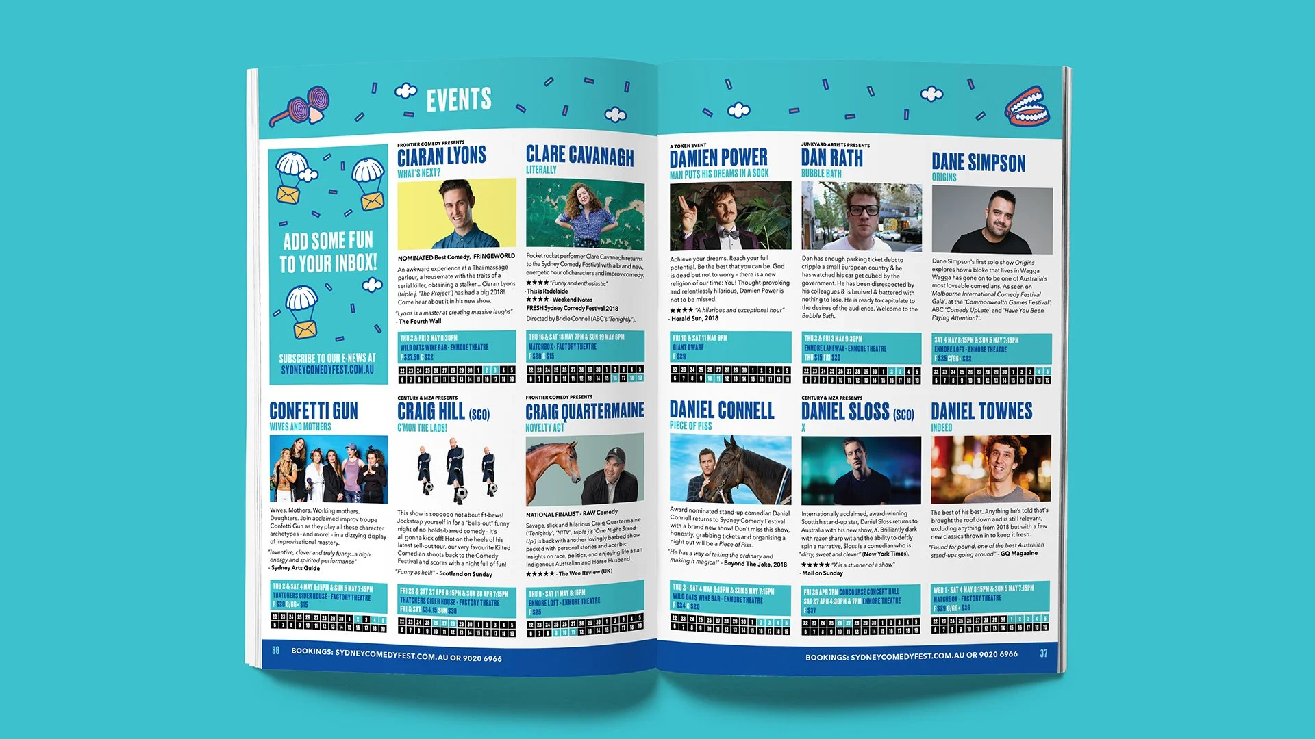 Open magazine displaying comedy event schedule with photos and descriptions of comedians, performance dates, and times.