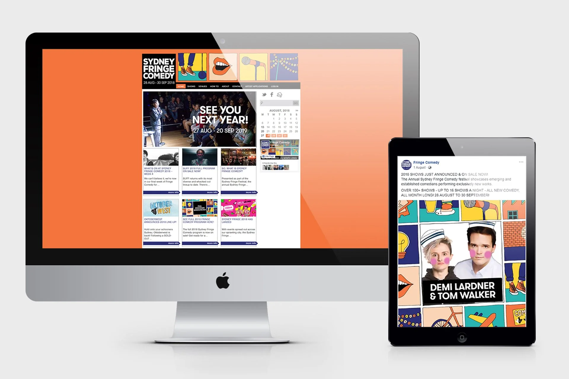 Digital devices showing Sydney Fringe Comedy Festival website and event details, including images of comedians Demi Lardner and Tom Walker.