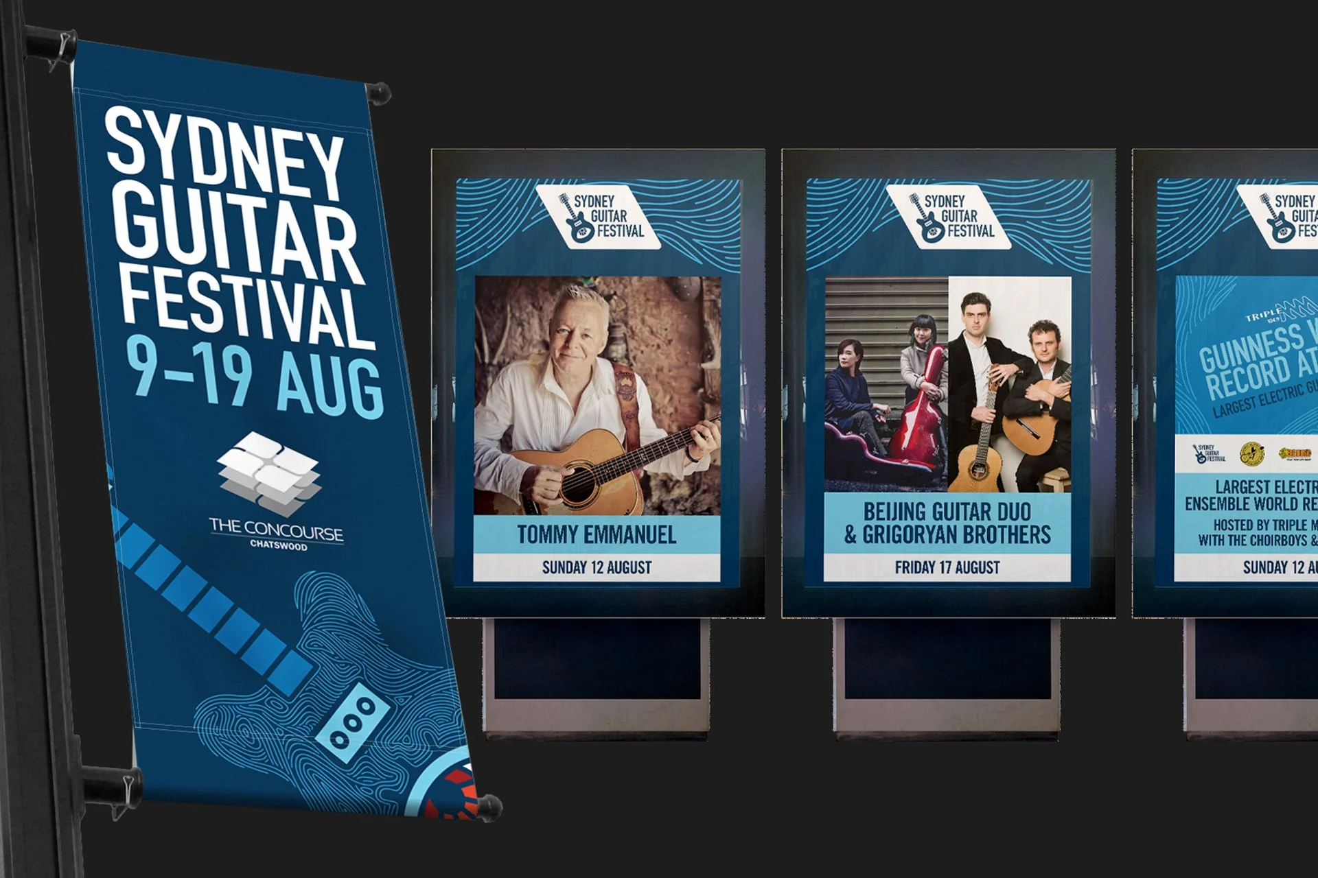 Festival poster displaying Sydney Guitar Festival, August 9-19, at The Concourse Chatswood, with performances by Tommy Emmanuel on August 12, Beijing Guitar Duo & Grigoryan Brothers on August 17, and a Guinness World Record event with an electric gui