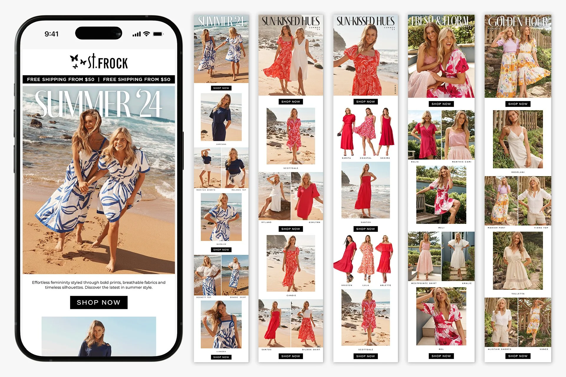 Collection of fashion marketing images featuring women modeling summer dresses and outfits on a beach and outdoor settings, with shopping call-to-action buttons.