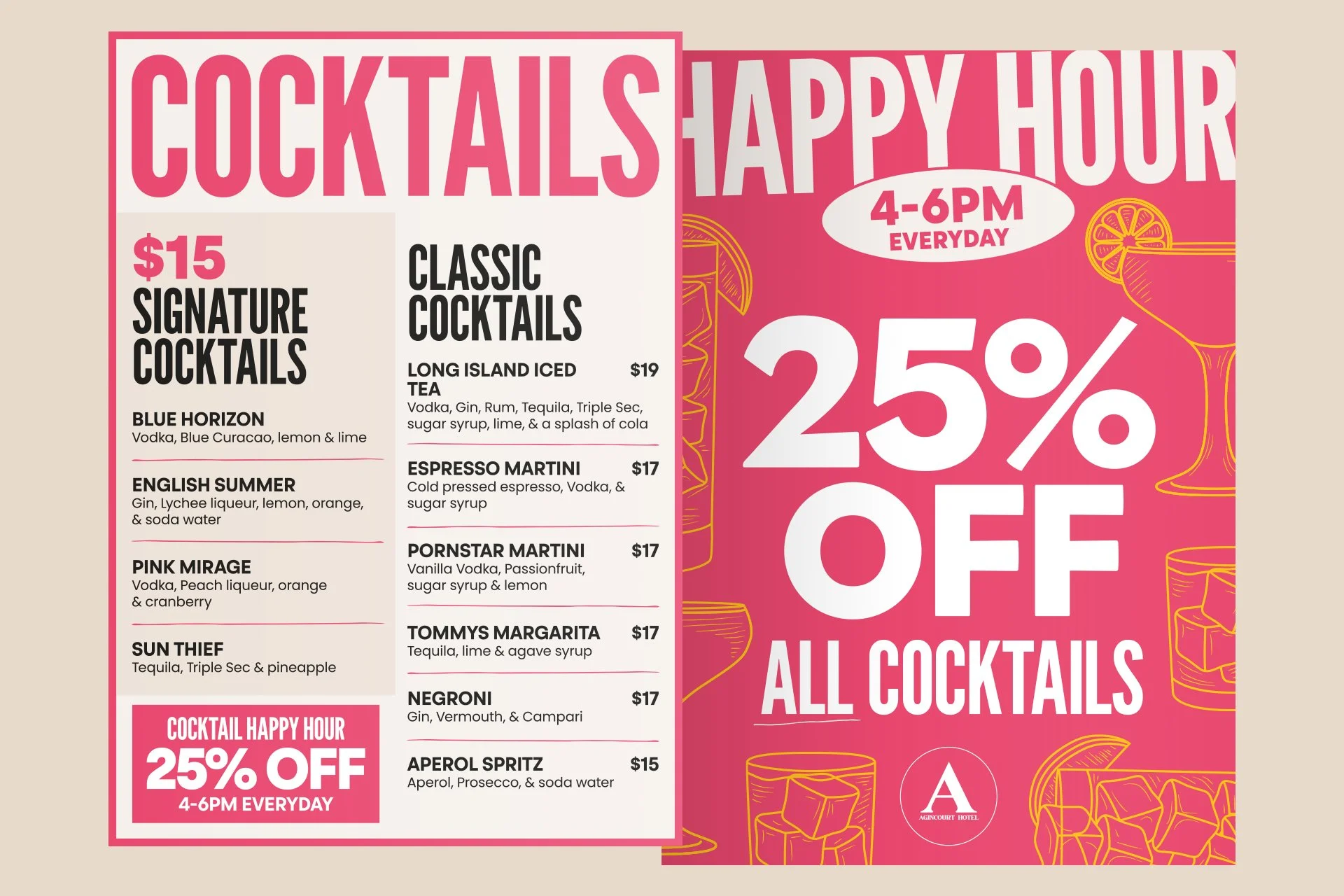 Restaurant menu poster advertising cocktail specials, featuring a pink and white design with illustrations of cocktails and ice cubes. Text highlights include '$15 Signature Cocktails', classic cocktails like Long Island Iced Tea, Espresso Martini, P