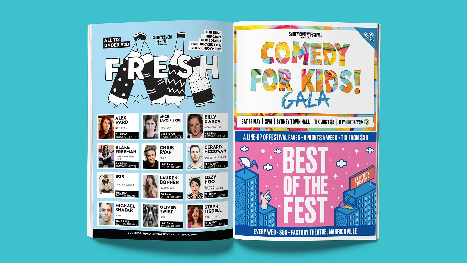 Open magazine showcasing Sydney Comedy Festival and Kids Comedy Gala with schedule, performer profiles, and colorful event advertisements.