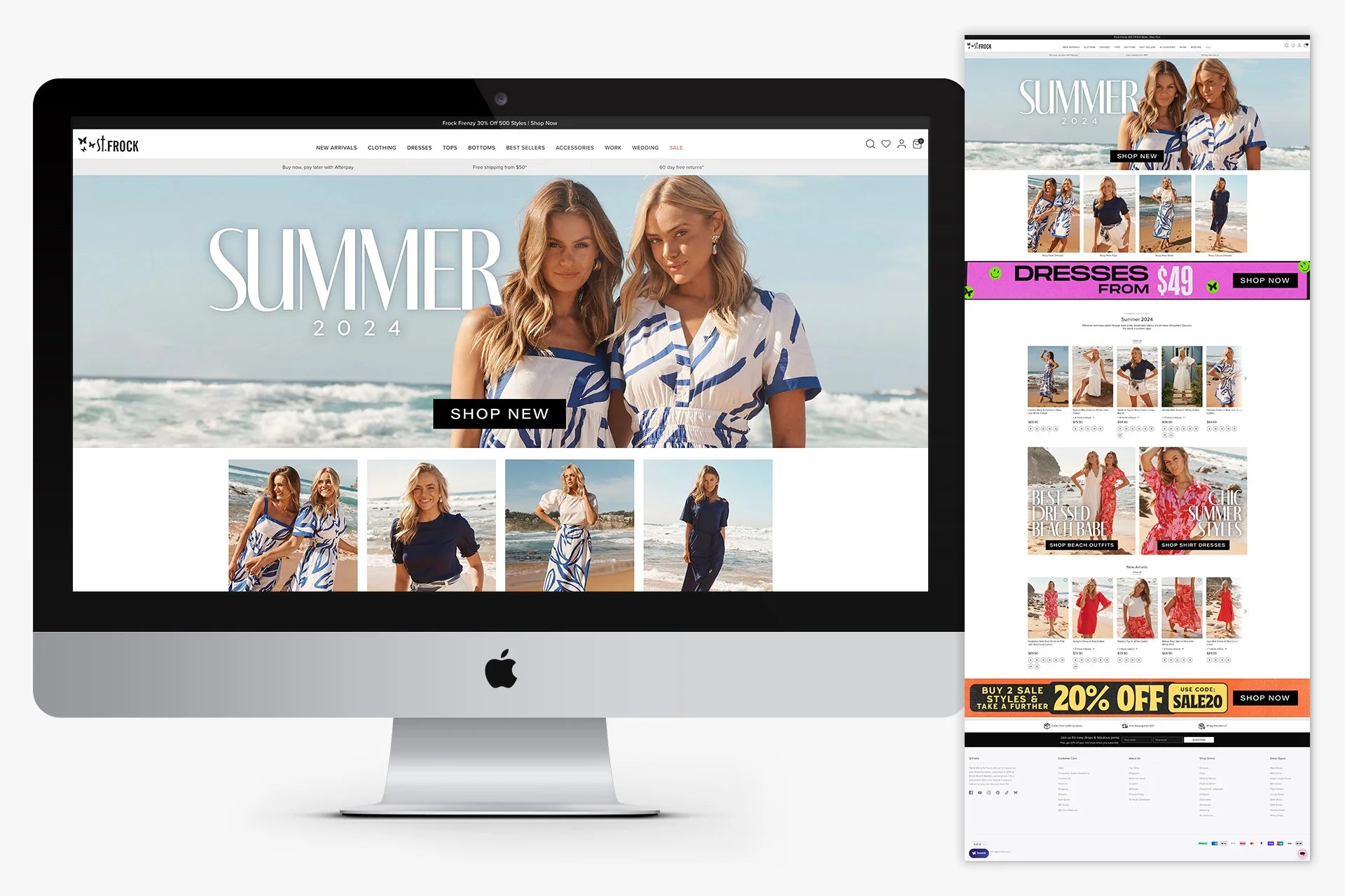 A desktop computer and a mobile screen displaying a summer fashion online store with models in beachwear, promotional banners, and sale advertisements.