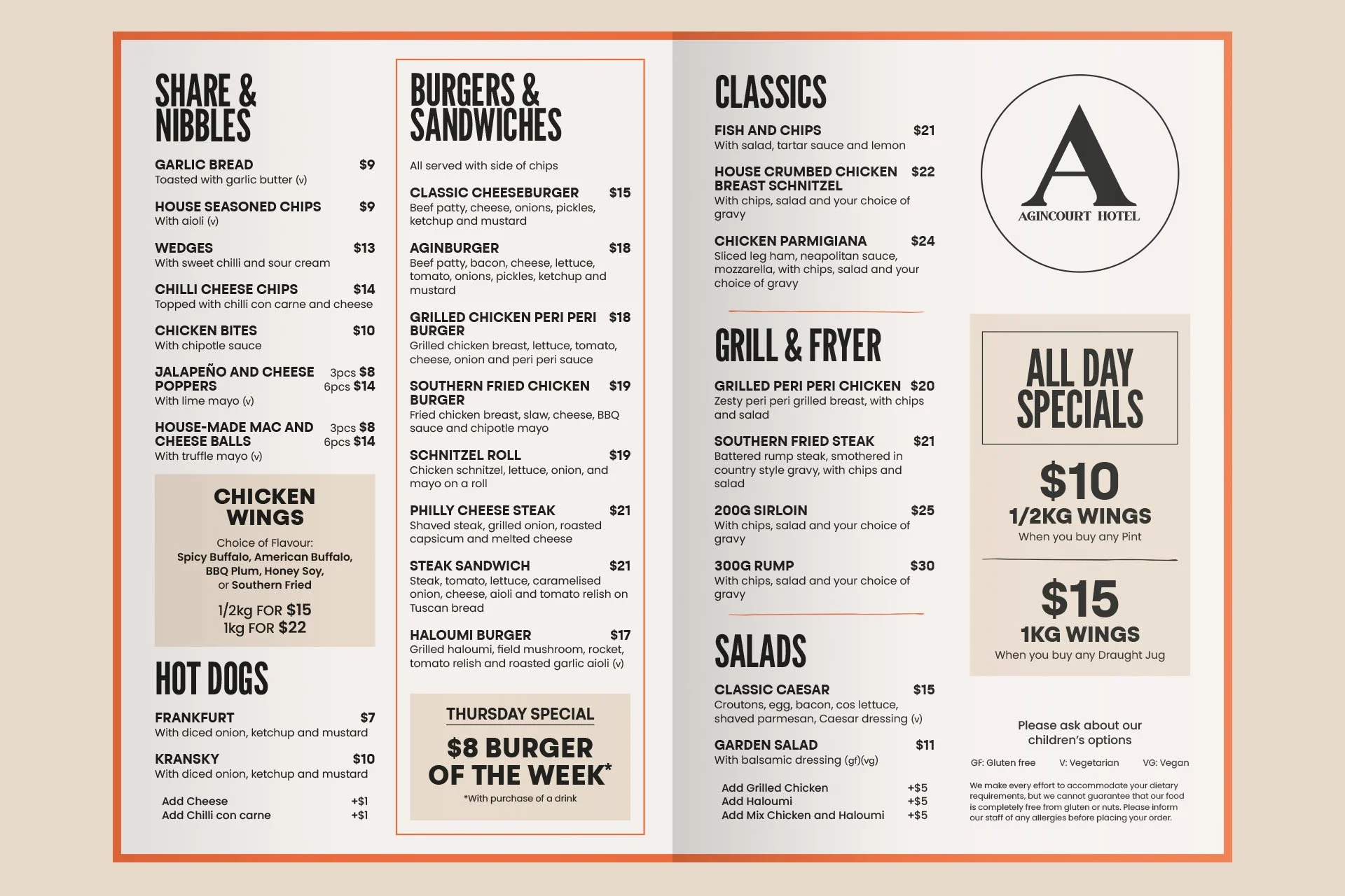 Menu displaying various food options including share and nibbles, burgers and sandwiches, hot dogs, classics, grill and fryer, salads, and all day specials, with prices listed.