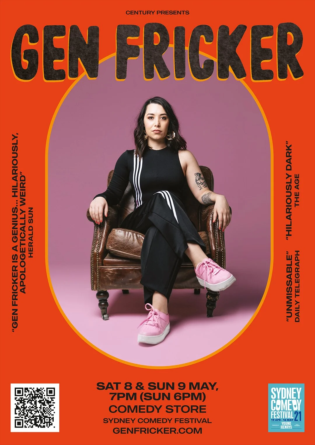 Poster of comedian Gen Fricker sitting on a leather armchair against a purple background, with event details and quotes on a bright orange border.