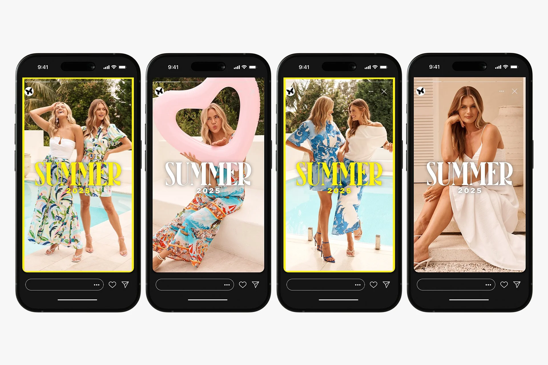 Four smartphones displaying images of women in summer outfits and a graphic overlay promoting summer 2025.