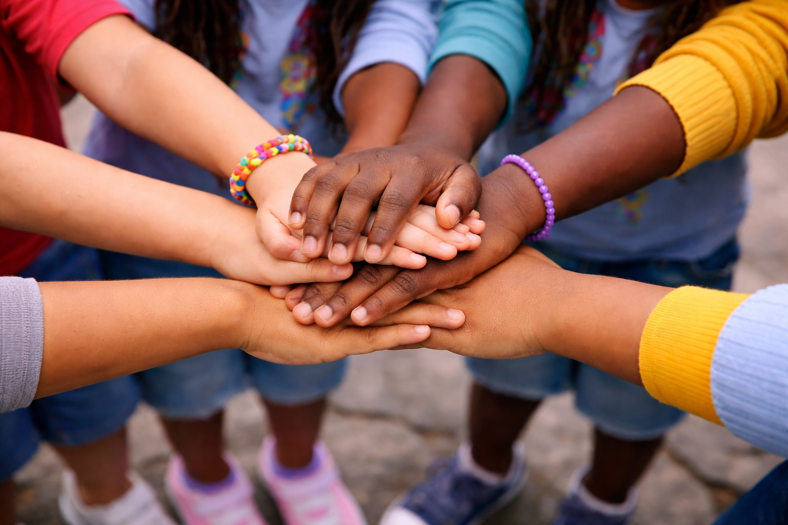Multiple children of diverse ethnicities stacking their hands together in a show of unity and teamwork.