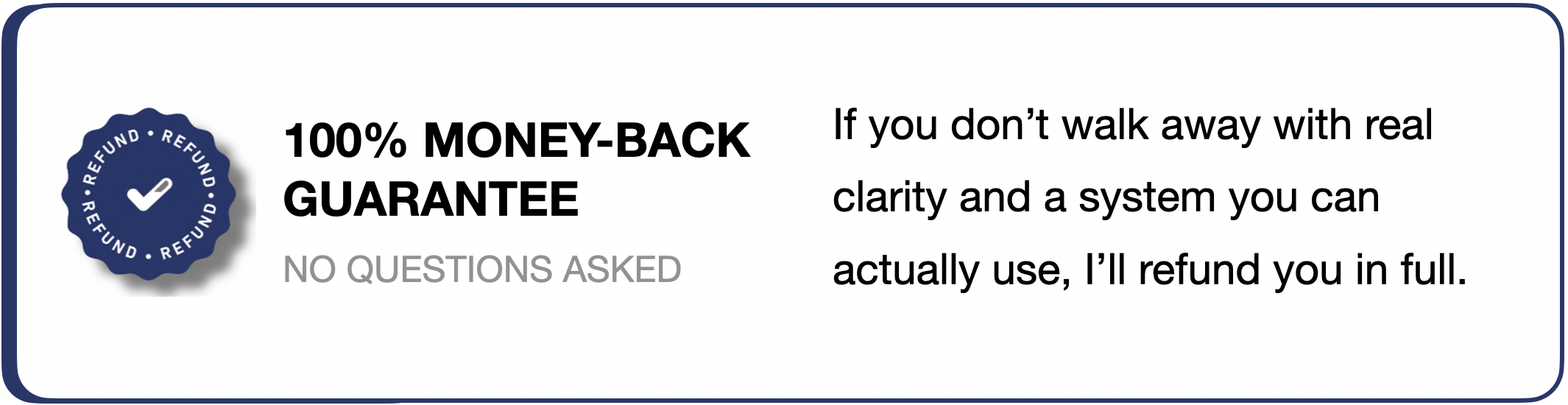 Guarantee label with a blue badge and check mark, highlighting a 100% money-back guarantee and refund policy
