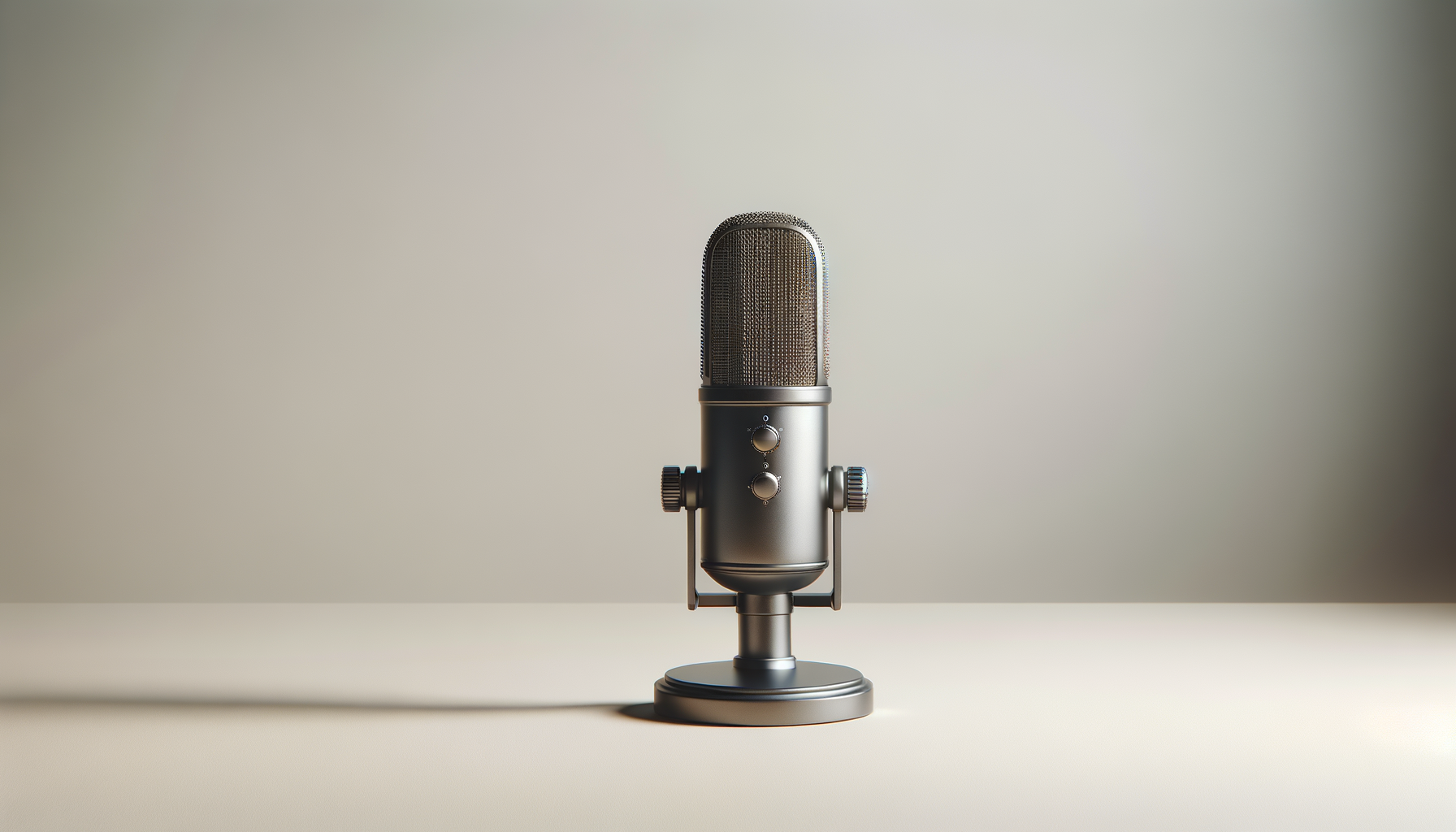 A silver professional condenser microphone on a stand, centered on a beige surface with a plain background.