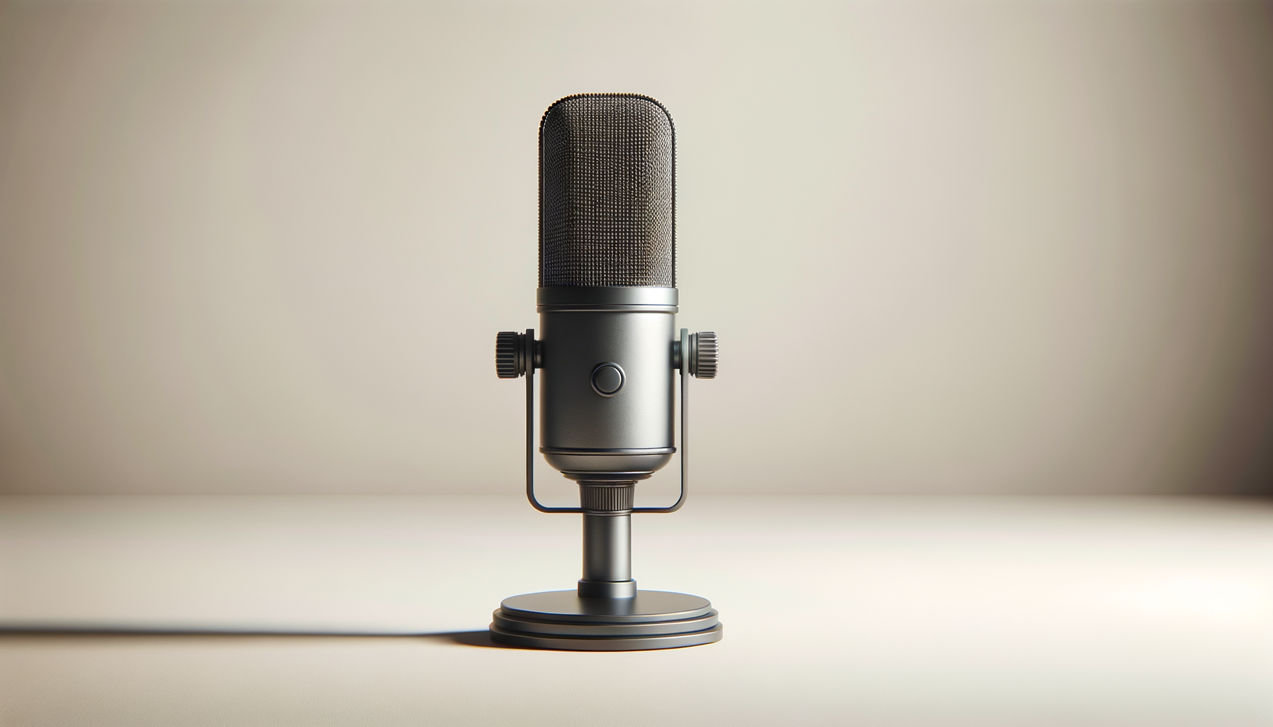 A professional microphone on a stand against a plain, neutral background.