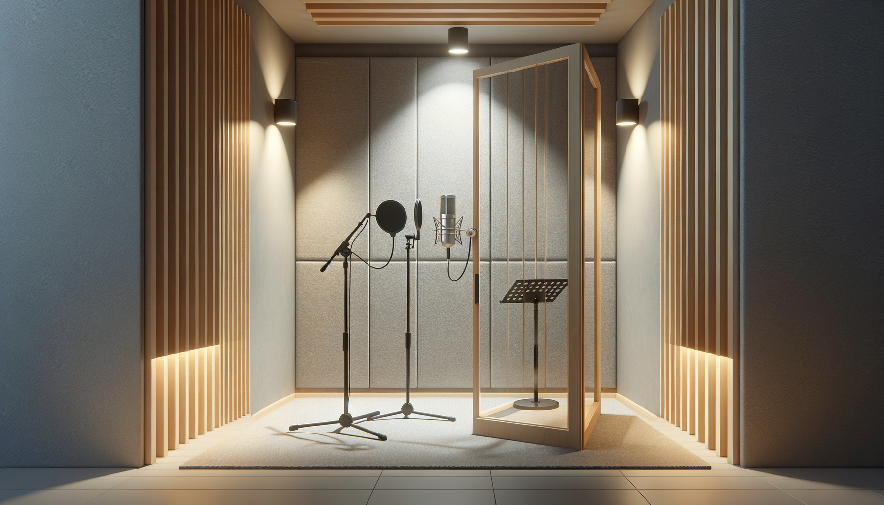 Inside a professional recording studio with soundproof walls, two microphones on stands, a pop filter, a music stand, a wooden and glass isolation booth, and focused lighting.