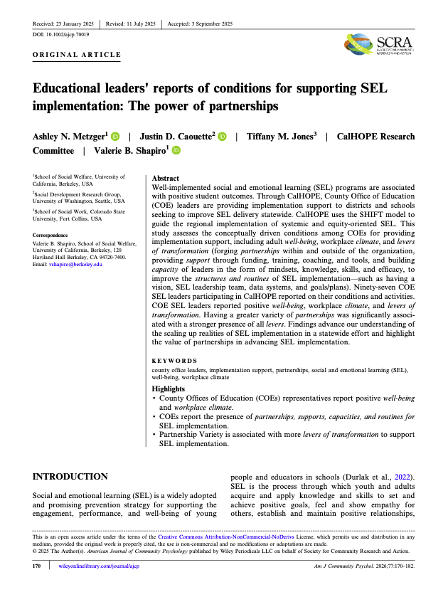 Educational leaders' reports of conditions for supporting SELimplementation: The power of partnerships first page of article PDF