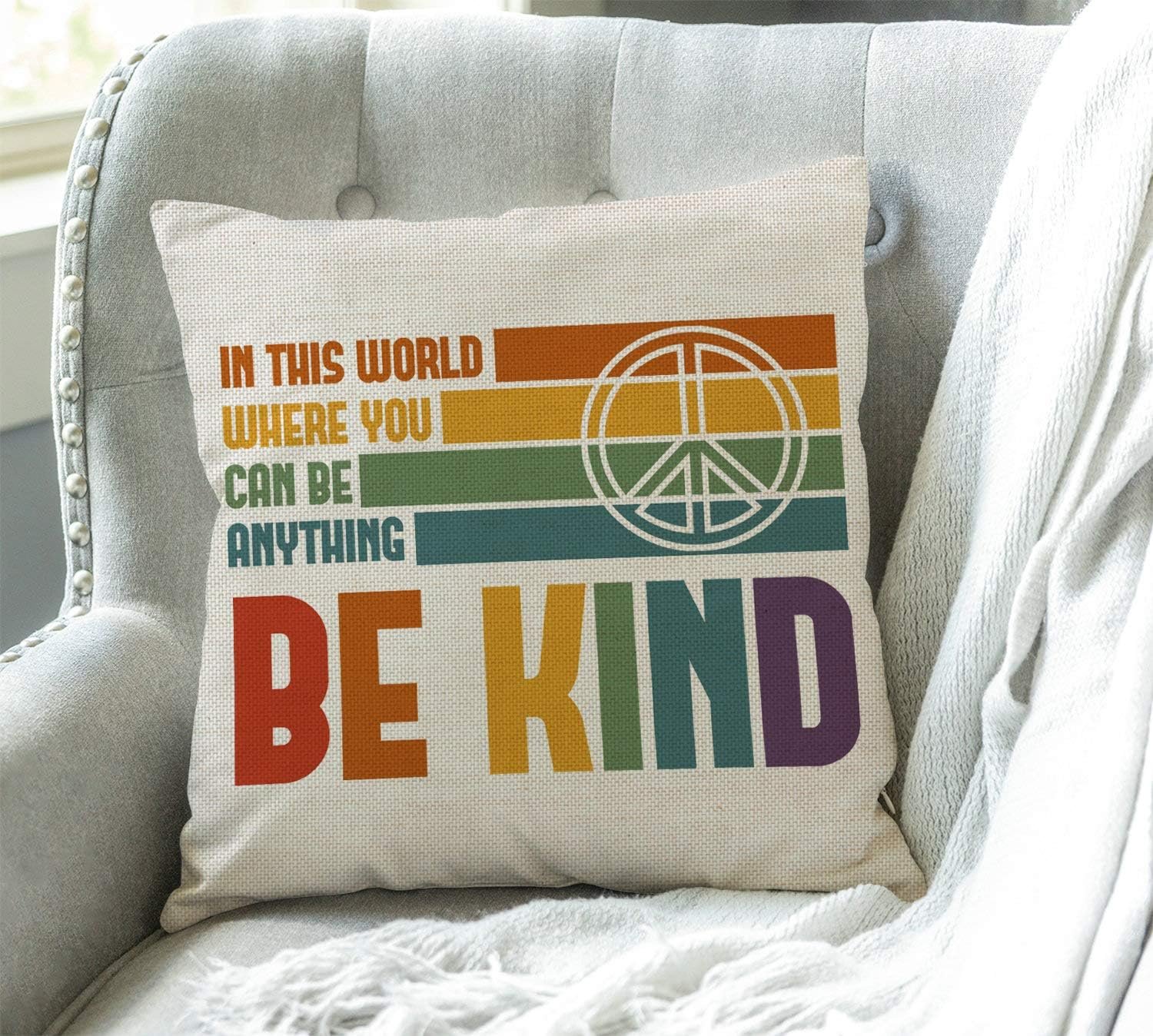 Swono Be Kind Decorative Cotton Linen Throw Waist Pillow Case Cushion Cover Rainbow and Peace Sign Pillowcase 18x18 Inches