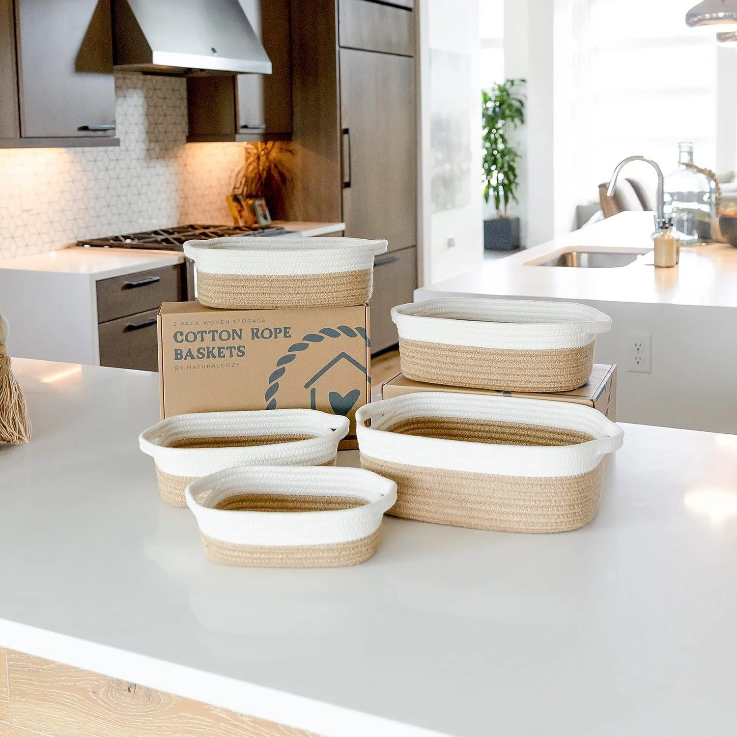 NaturalCozy 5-Piece Rectangle Storage Basket Set- Natural Cotton Rope Woven Baskets for Organizing!