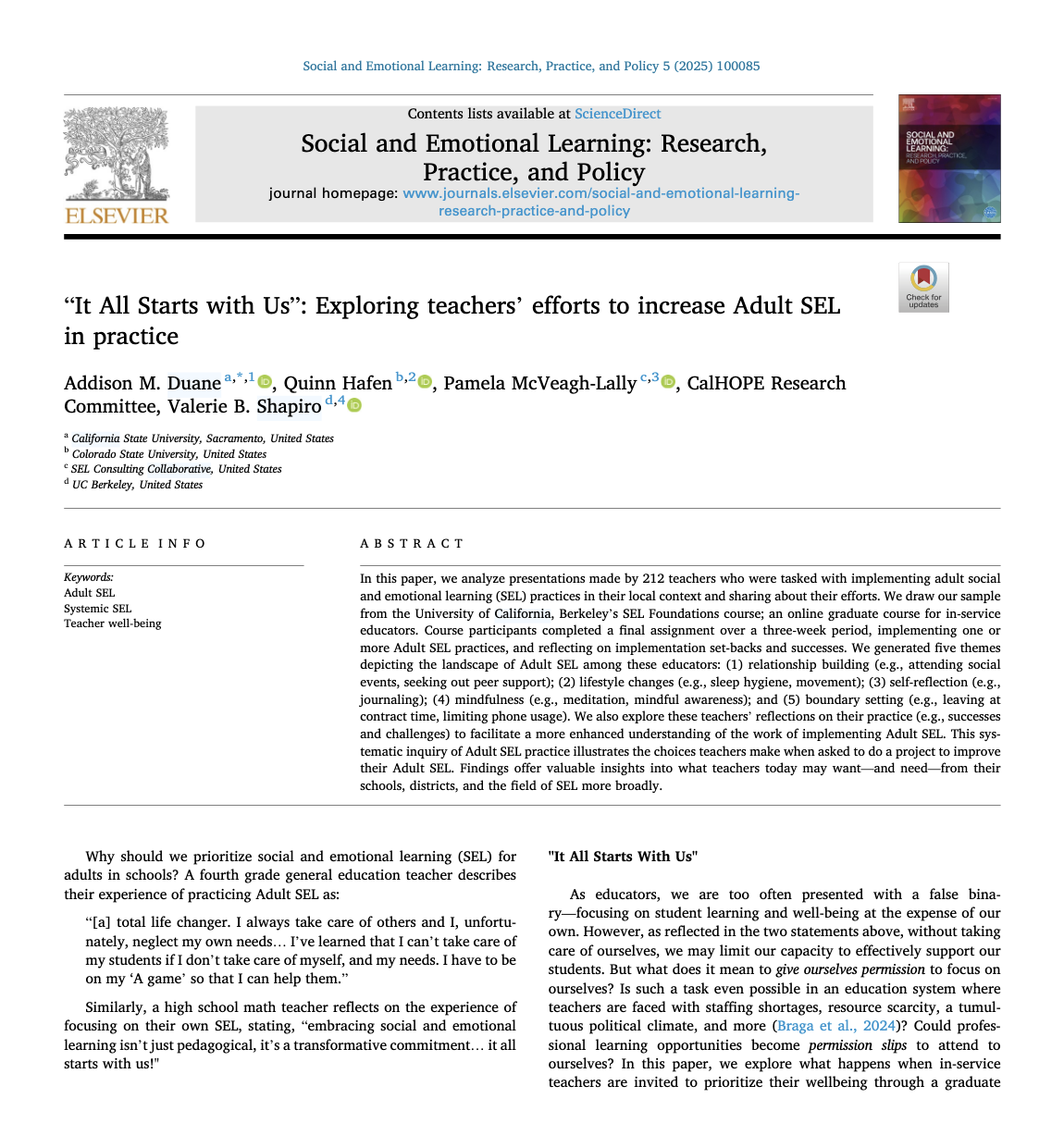 “It All Starts with Us”: Exploring teachers’ efforts to increase Adult SEL in practice</span>
