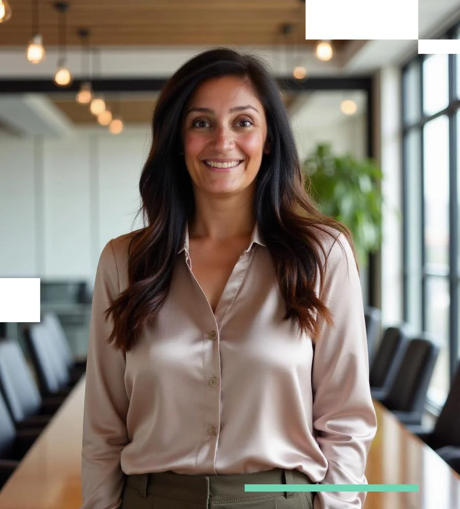 Principal business and franchise lawyer Melissa Prpic smiling in a beige blouse standing in a conference room with large windows, black chairs, and a wooden table.
