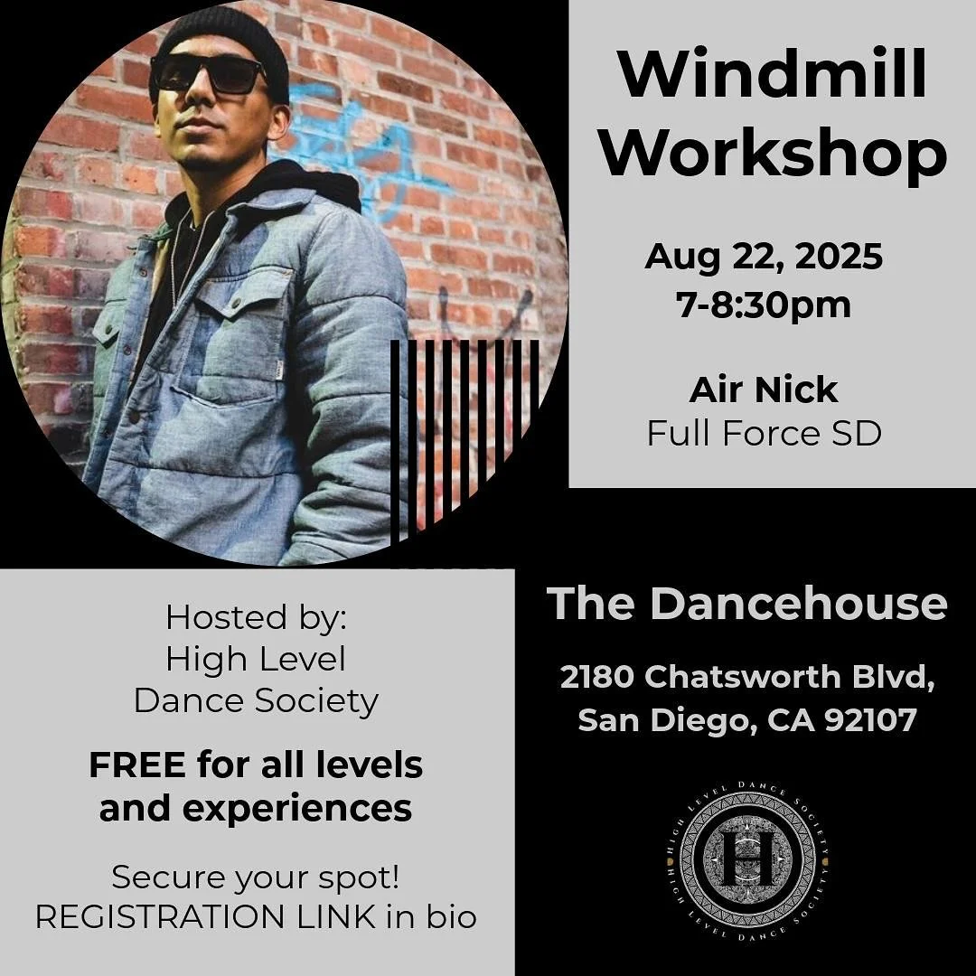 High Level Dance Society is thrilled to launch our “Breaking Barriers Series” with a FREE Windmill Workshop featuring @airnick619 from Full Force SD! This is just the beginning of our commitment to accessible dance education for the San D