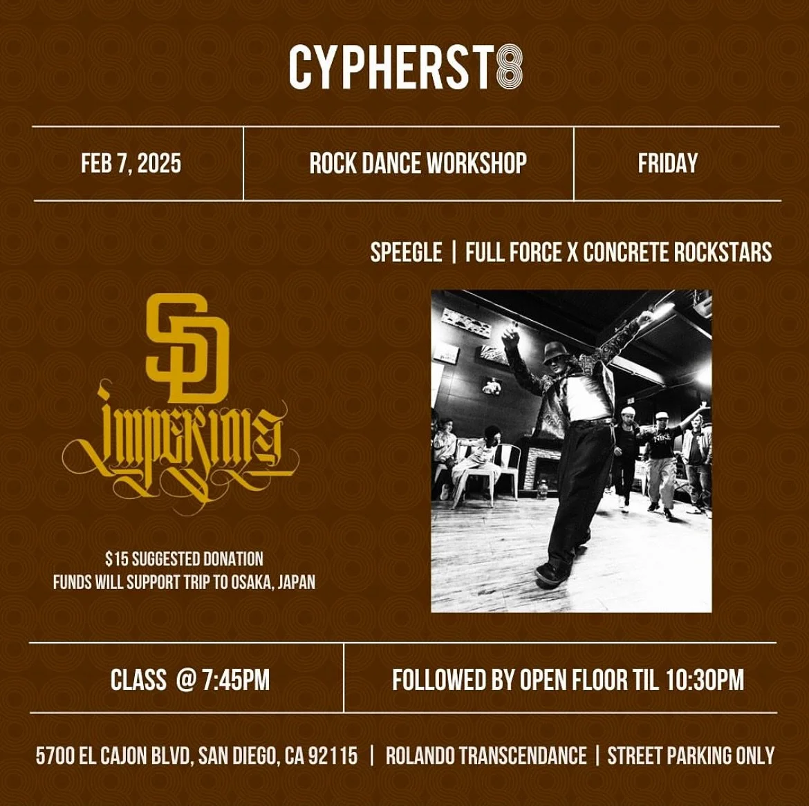 *In collaboration with @cypherst8 @highleveldancesociety @sdimperials: We are offering this month a few donation based workshops!! Details below 👇🏽👇🏽👇🏽
Date & Time:
02/07/2025
7:45PM
Guest Instructor: @speegle.co.jp
Class description: A b