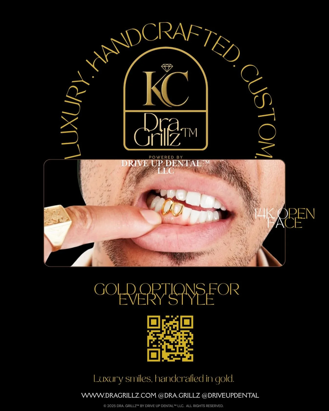 Luxury smiles, handcrafted in gold.
Your smile is your statement &mdash; make it gold.

Dra. Grillz&trade; Powered by @driveupdental 
Handcrafted 10K&ndash;18K gold grillz, designed for every style.

Scan the QR to explore our custom options. 

 #Dra