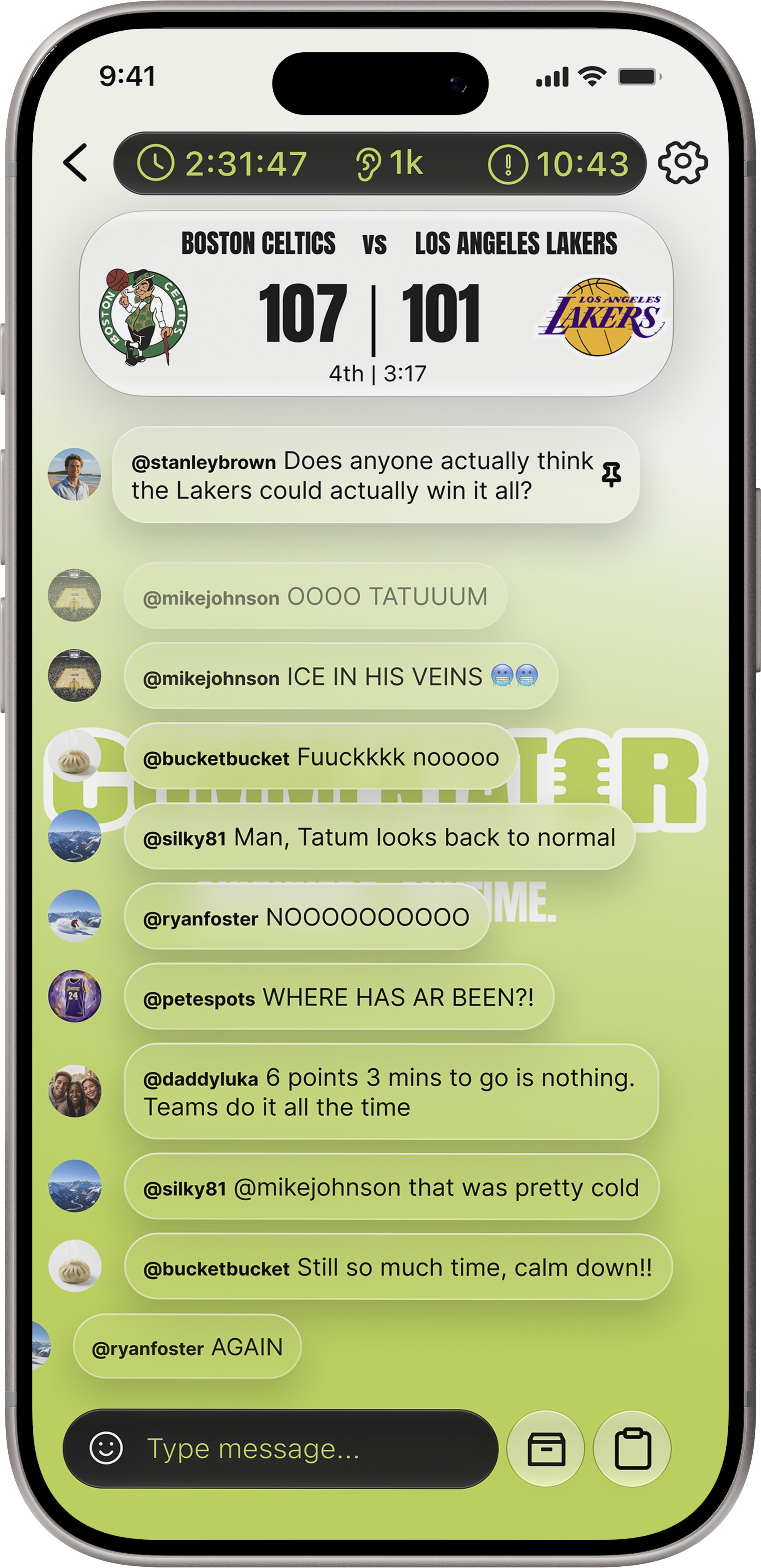 Commentator's chat box screen displaying a live sports score of a basketball game between Boston Celtics and Los Angeles Lakers with comments from users about the game.