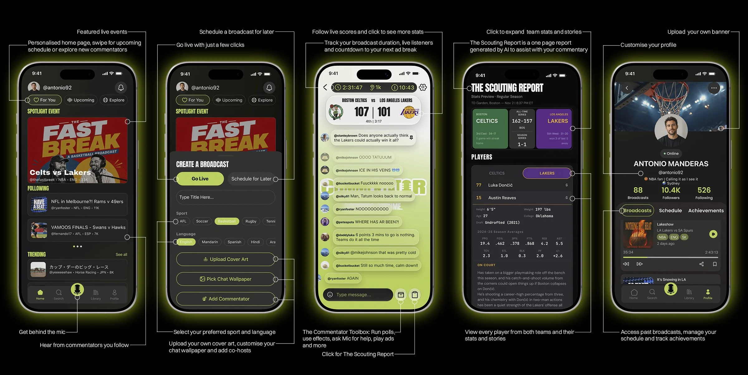 Commentator's digital infograph displaying the app interface and features. It includes screens showing live sports events, chat messages, user profiles, and options for creating broadcasts, viewing stats, and m