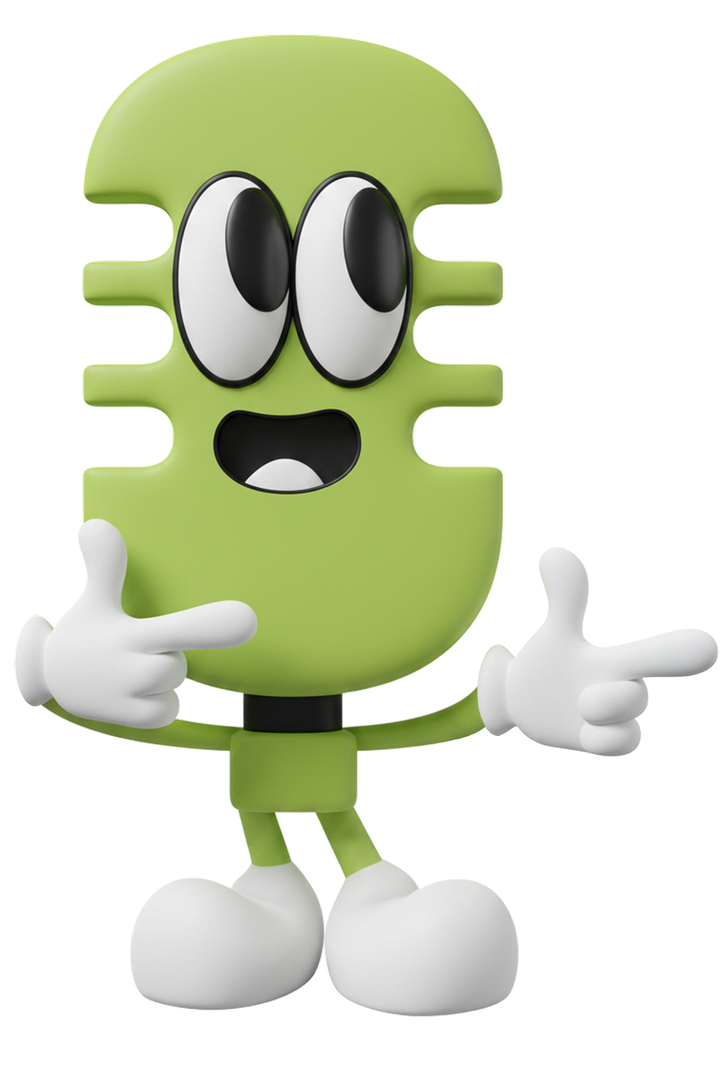 Commenator's mascot called "Mic". He has a mic-shaped head, big eyes, and a wide mouth, giving a thumbs-up gesture.
