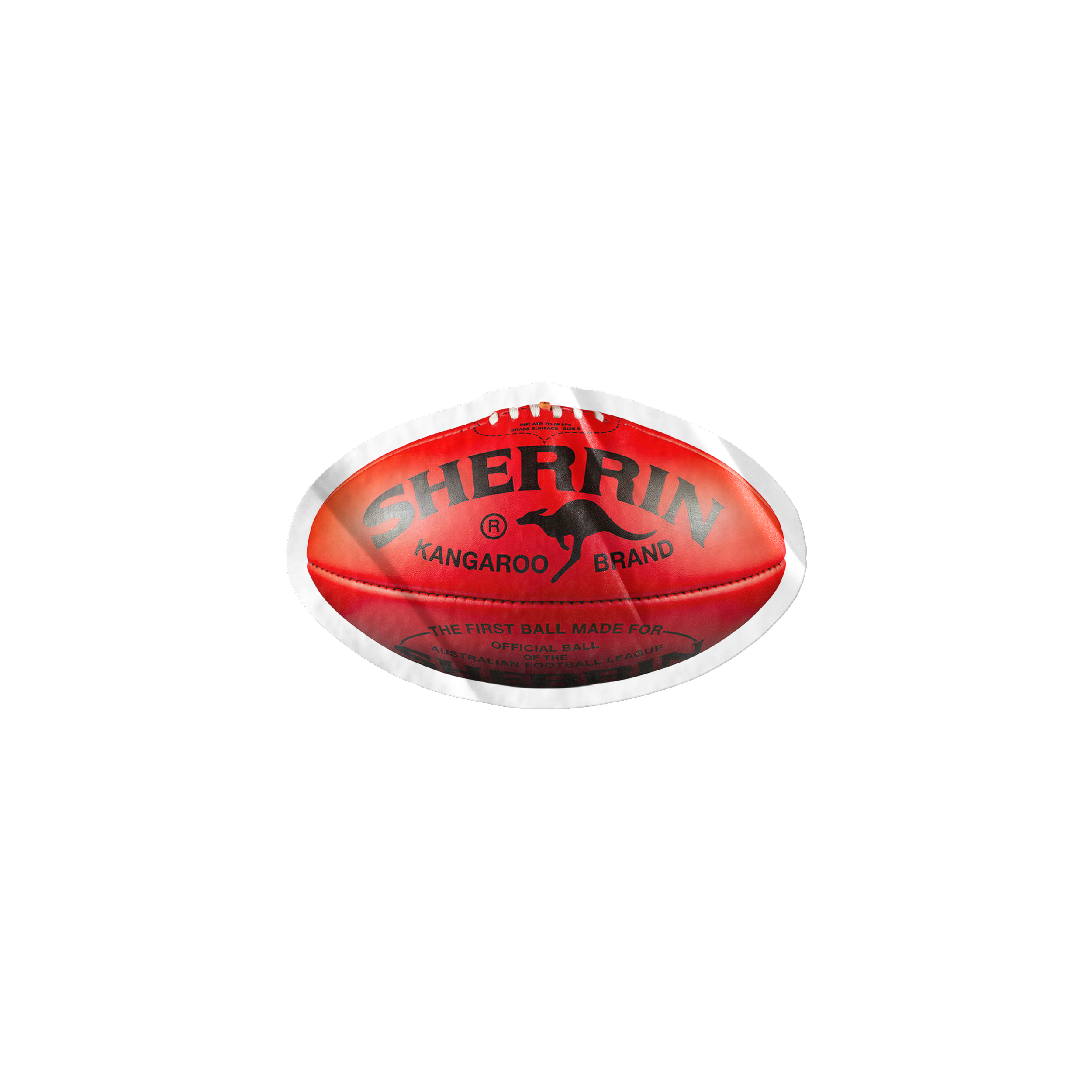 A red and white Australian Rules football with a Kangaroo brand logo on it, displayed against a black background.