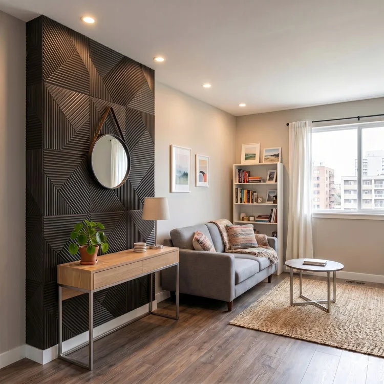Matte Black square 3D wall panel accent wall in a modern apartment living room