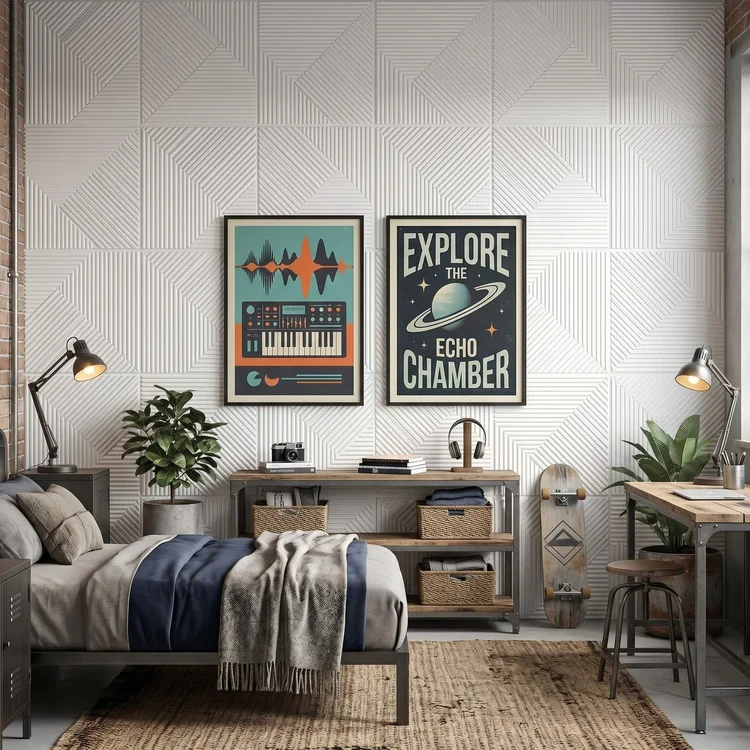 Teen bedroom with a Matte White square 3D wall panel accent wall