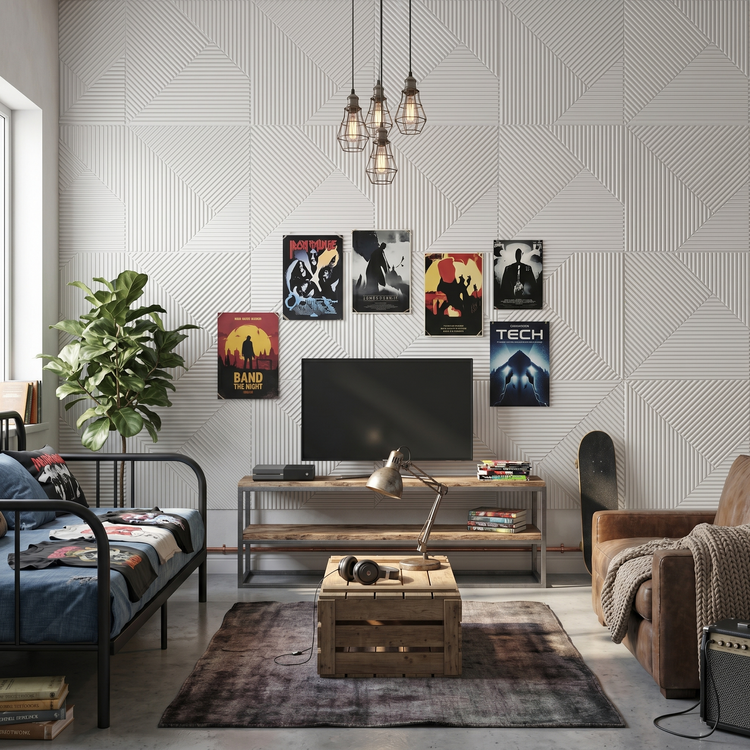 Kids room with a Matte White square 3D wall panel feature wall