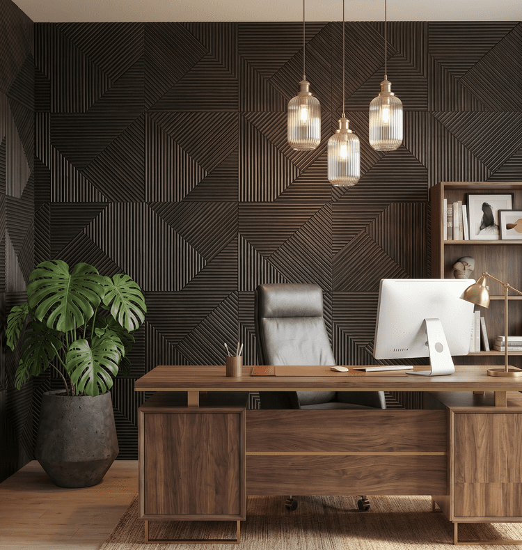 Home office with a Matte Black square 3D wall panel accent wall