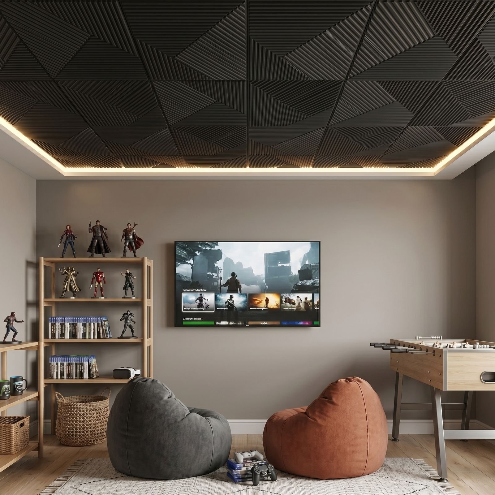 Game room with a Matte Black square 3D wall panel ceiling and warm LED edge lighting