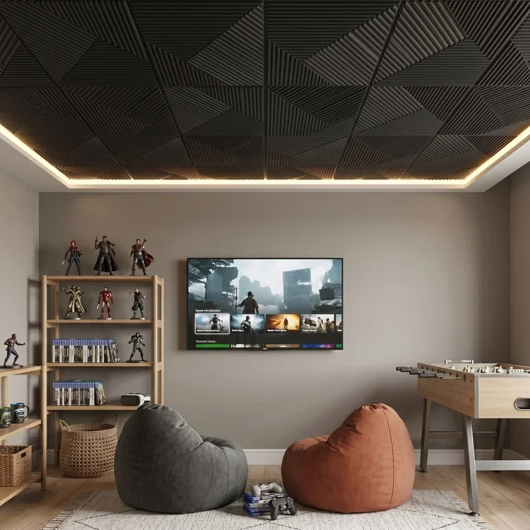 Game room with a Matte Black square 3D wall panel ceiling and warm LED edge lighting