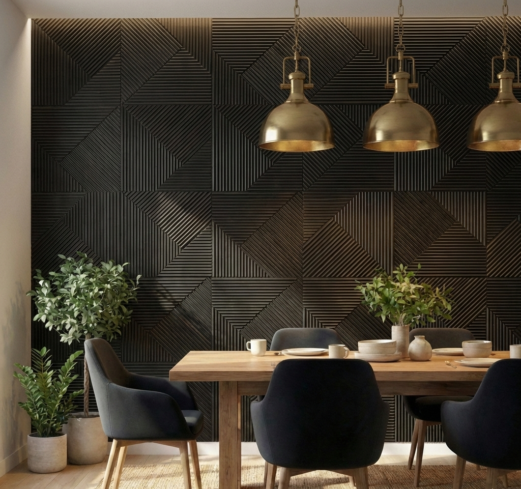 Black square 3D wall panels on a dining room accent wall behind a wood table