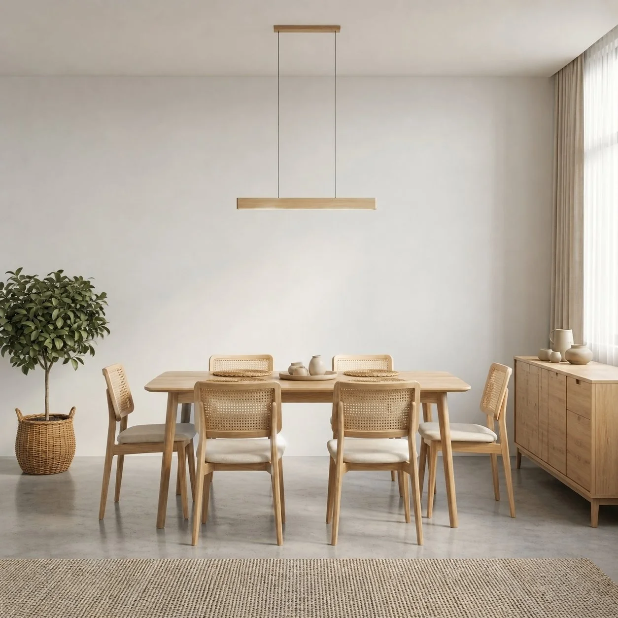 Empty dining room with a bare wall, ready for Natural Oak square 3D wall panels