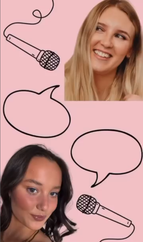 Two women with speech bubbles and microphones on a pink background.