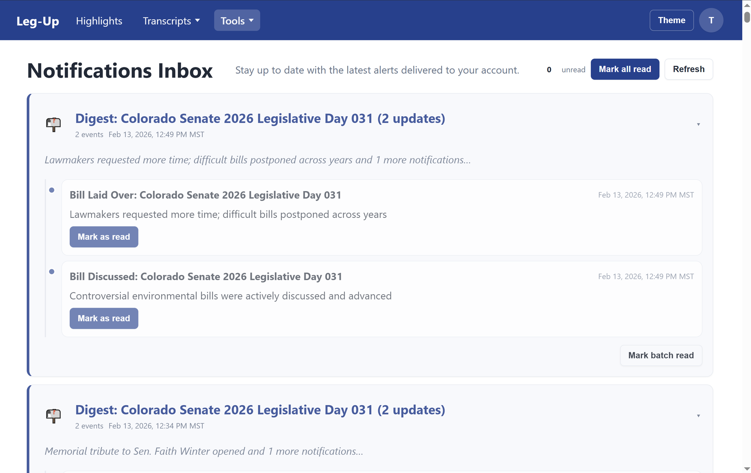Leg-Up notifications inbox