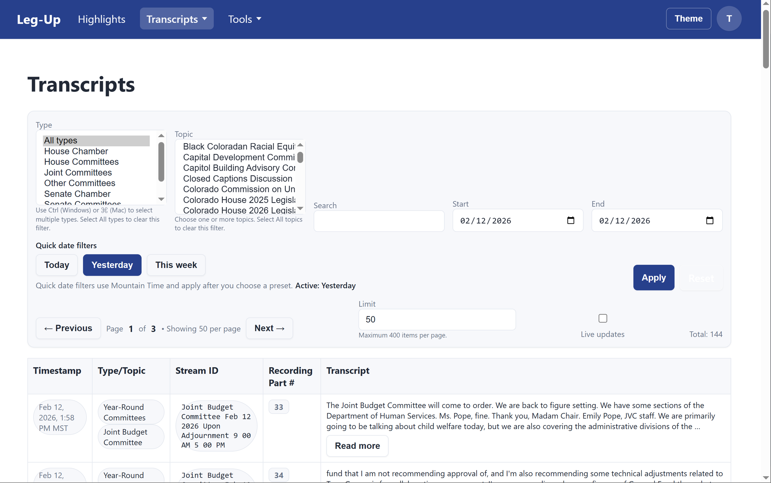 Leg-Up transcripts page