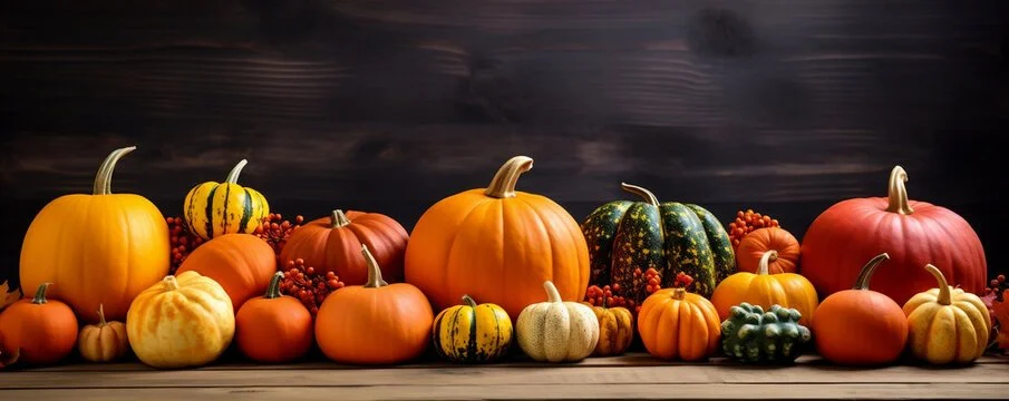 Arrangement of various pumpkins and gourds on a wooden surface against a dark background.