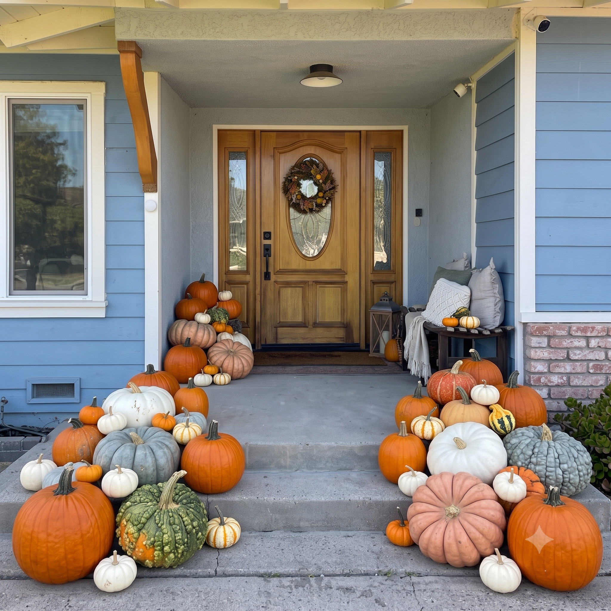 Variety of pumpkins and gourds arranged on front porch steps in front of a wooden door with a autumn wreath, blue house siding, and a window.