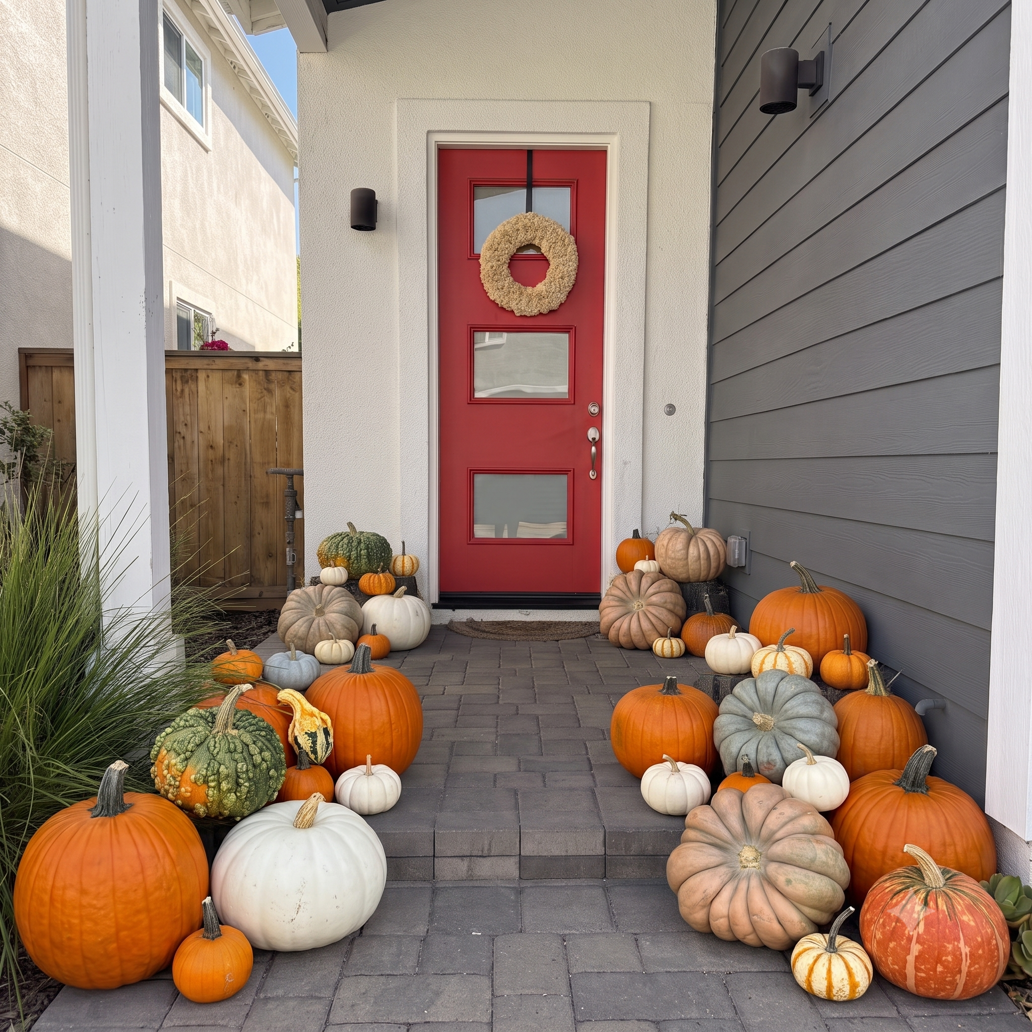 Front door decorated with a beige wreath and surrounded by pumpkins of various sizes and colors, with a small pumpkin and gourd near the door, on a paved porch area.