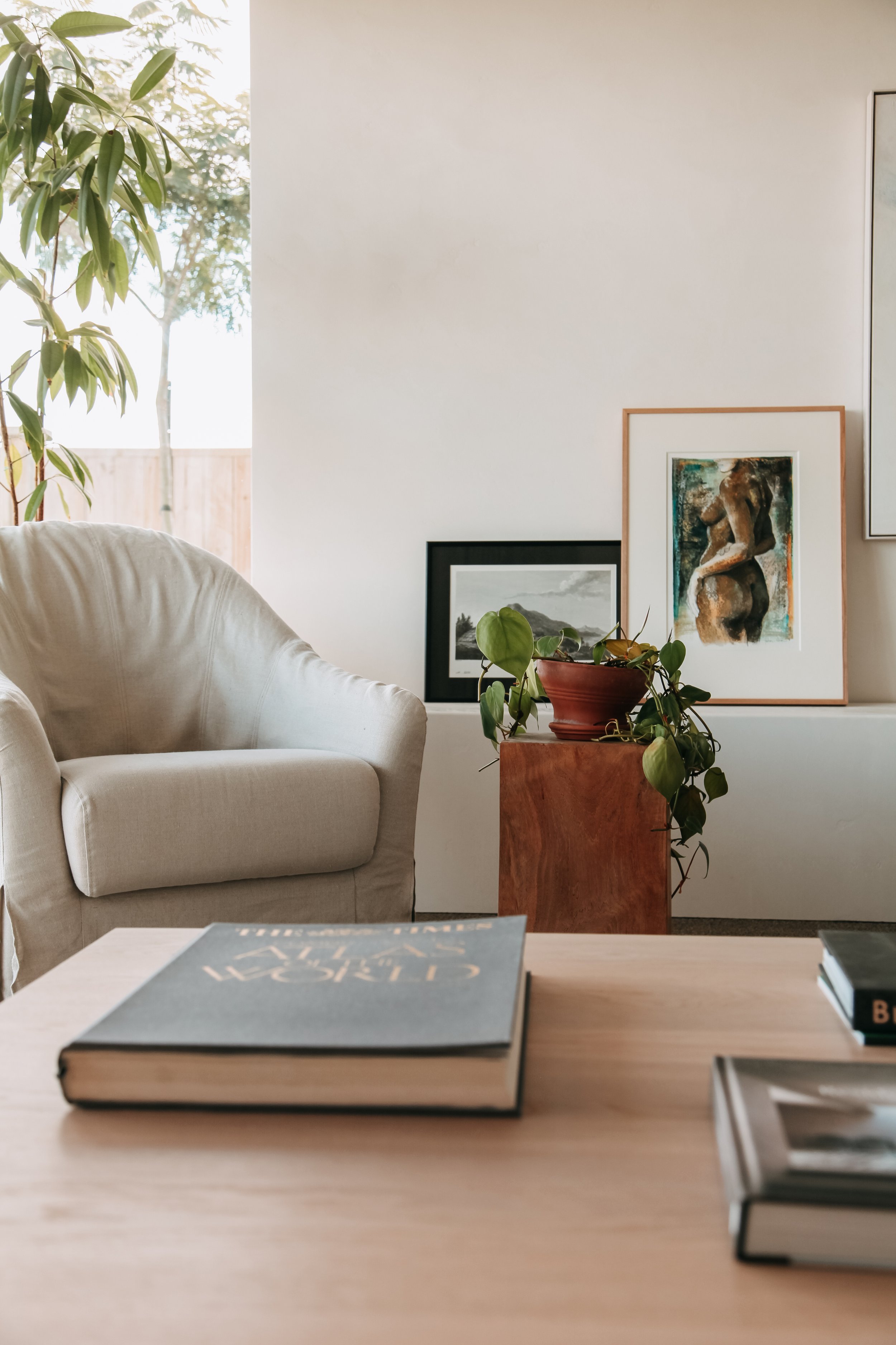 A cozy living room corner with a light-colored sofa, a wooden side table with a potted plant, a wall featuring framed artwork, and a light wood table with books.