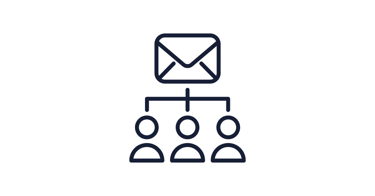 Outline icon of an email above three people representing an email distribution list or group