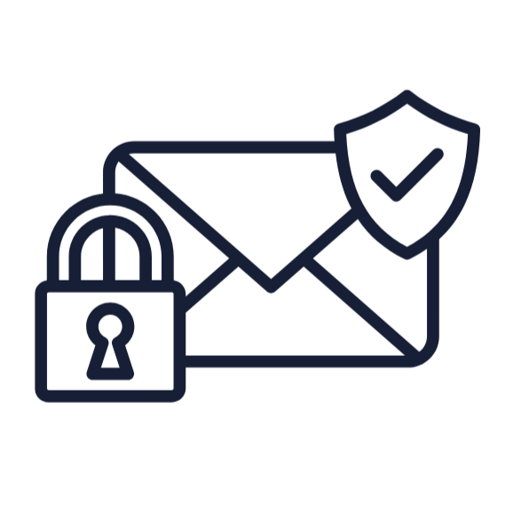 An envelope with a shield and checkmark symbol, a lock, representing email security and protection.