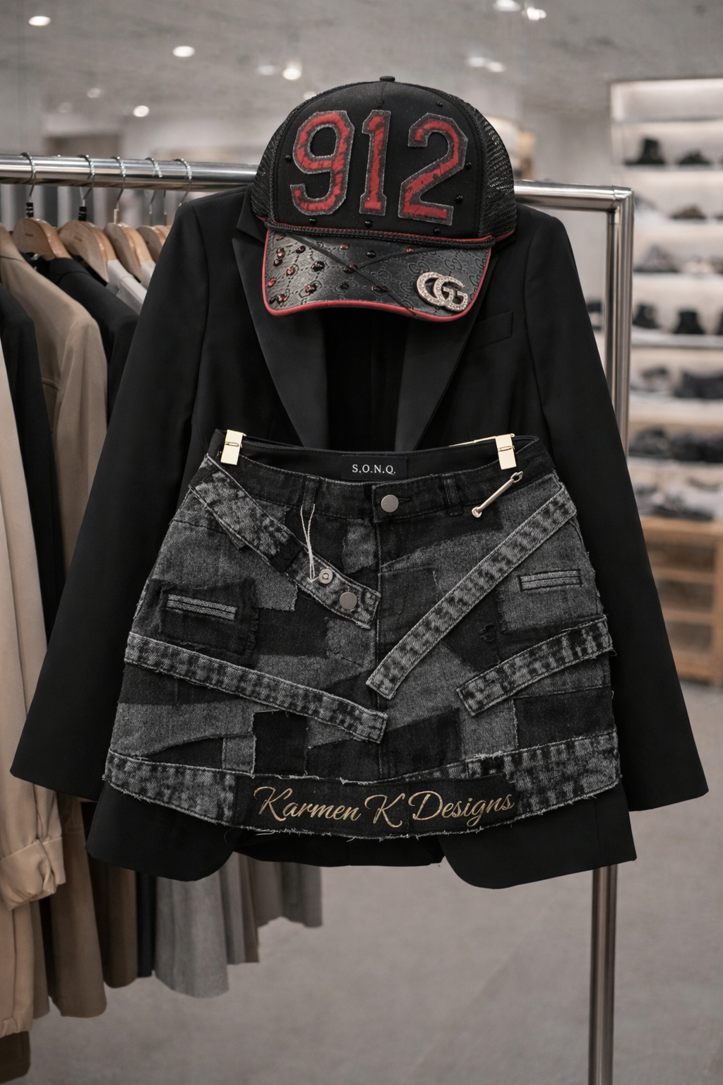 Custom Patchwork Skirt & Trucker Hat Set